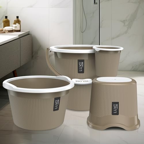 Image of KOLORR Luxe Bathroom Set (Bucket 25L x 1) + (Mug 1.5L x 1) + (Luxe Patla x 1) + (20L Tub x 1)|Sturdy and Durable |Lightweight| Easy to Clean and Attractive Design|Pack of 4| Ratan LT Brown