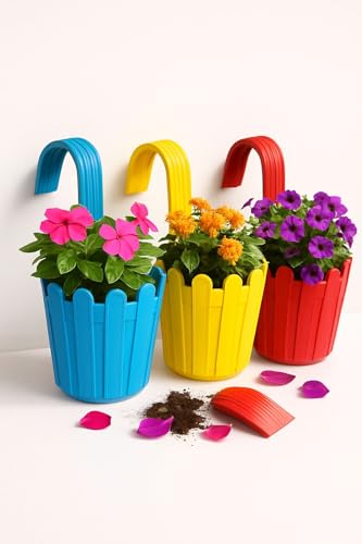 Image of Premium Railing Planter with Hook - Durable Plastic Hanging Flower Pot for Balcony, Fence Design Gamla for Indoor /Outdoor Plants, Herbs & Creepers (Pack of 3) (3, Red)