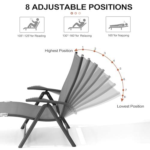 Crestlive Products Folding Patio Chaise Lounge Chair Outdoor, Aluminum Adjustable Outdoor Pool Recliner Chair, Assemble-Free, 8 Positions