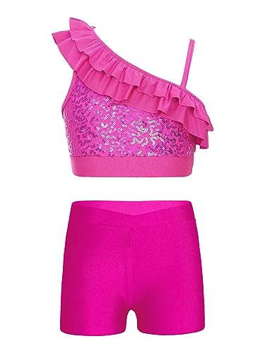JEATHA Kids Girls Dance Outfits 2-Piece Sequins Crop Top with Athletic Shorts Gymnastics Active Set Dancewear