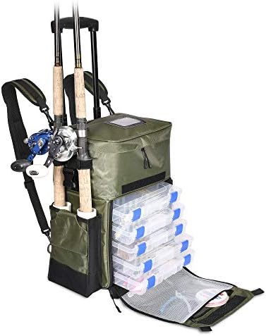 CalissaOffshore® Large Rolling Tackle Box with Wheels, Waterproof Fishing Tackle Box Backpack with Rod Holders Storage Bag Roller Fishing Tackle Box with Tackle Trays - Fisherman Gifts for Men (3600 Medium Green)