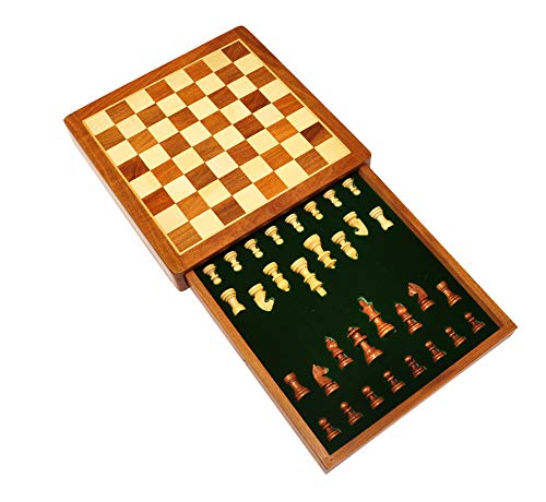 Image of PALM ROYAL HANDICRAFTS 10 Inches Handmade Drawer Wooden Chess Board Set Magnetic Made With Indian Rosewood | Inbuilt Storage Compatment For Chessmen - (10 X 10 Inches) Brown., For Kid