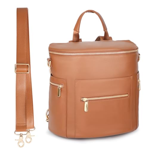 Image of miss fong Diaper Bag Backpack Baby Diaper Bag, Large Leather Diaper Backpack with 16 Pockets Travel Diaper Bag with Diaper Changing Pad, Stroller Straps & 2 Insulated Pockets (Regular, Cognac)