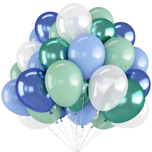 Isndare A5-QQ-52310 Green Blue White Balloons 60Pcs 12Inch Ocean Balloons Under The Sea Decorations Shark Whale Theme Kids Birthday Party Pastel Metallic Blue Green Pearl White Latex Helium Balloon Diy Supplies cover