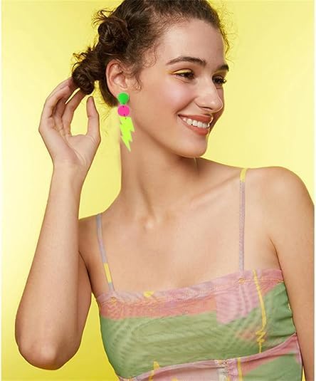 Miniatura 3 de Aretes de neón de los años 80 con clip sin perforación, para mujer, aretes acrílicos coloridos de los años 80, accesorios de fiesta