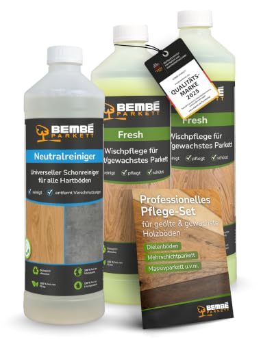 Bembé Parkett Pflege Set geöltes Parkett I Fresh Parkettpflege 2L & Neutralreiniger 1L I Parkettpflege Reinigung & Schutz I Neutralreiniger streifenfrei I Pflegemittel rutschhemmend & wasserabweisend