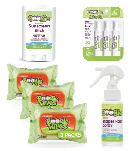 Image of Boogie Nose Travel Essentials for Baby and Kids, 1 Baby Sunscreen, 1 Diaper Rash Cream Spray, 1 Pack of 3 Hand Sprays, 90 Count Fresh Wipes