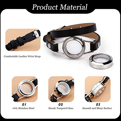 316L Stainless Steel Floating Memory Locket Bracelet,Various Styles and Colorful Silver Plated Charm Leather Bangles for Women2