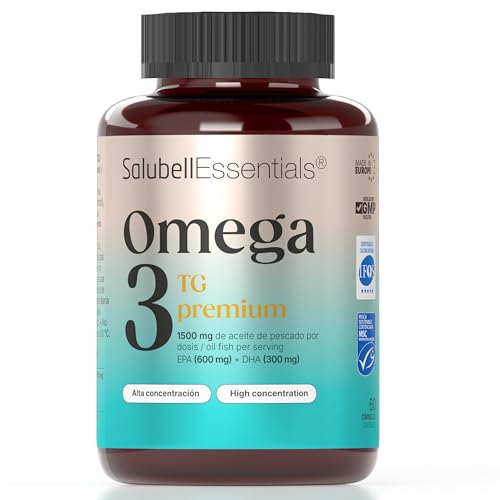 Salubell Essentials® Omega 3 TG Premium 60 cápsulas. Alta concentración y máxima pureza 1500 mg, Forma de Triglicérido (TG) Premium Aceite de pescado, Salud Cardiovascular, Fabricado en España GMP