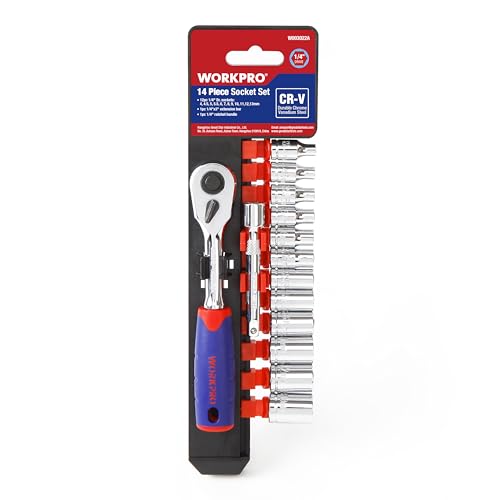 WORKPRO 14-piezas Juego de llaves de vasos hexagonales (4-13 mm), acero Cr-V antioxidante, llave de trinquete de liberación rápida de 1/4", 72 dientes con barra de extensión