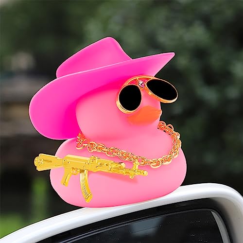 Image of wonuu Car Ornament Rubber Duck, for Car Dashboard Decoration Accessories with Hat Swim Ring Necklace Sunglasses, A Pink&Pink Cowboy Hat&Pink Duck