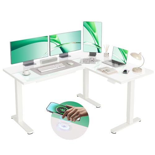 INNOVAR L Shaped Glass Standing Desk Adjustable Height, Dual Motor Electric Corner Standing Desk with Drawers, 63x55 inch Sit Stand up Desk with Splice Board for Home Office, White