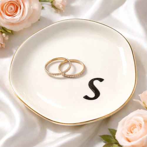 TIGYGY Initial Ring Dish - White Ceramic Jewelry Tray for Nightstand & Sink, Anti-Loss Trinket Organizer, Meaningful Engagement or Birthday Gift for Women, Sister, Friends (Letter S)