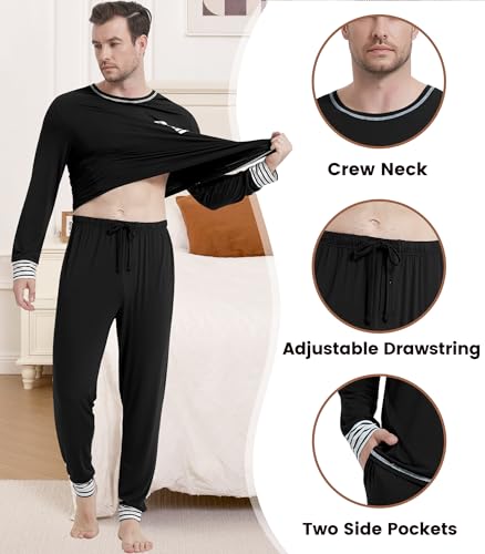 Image of NACHILA Mens Pajamas Set Long Sleeve Henley Sleepwear Top Soft Jogger Pants Pajamas Cool Pjs Set,Viscose Made from Bamboo