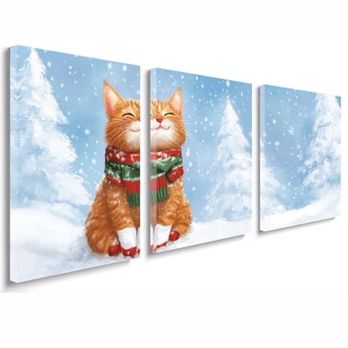 Cuadros Decoracion Salon Modernos, 3 Pcs Marco de Madera Cuadros Gato Posters para Pared Lienzo Pintura Invierno Wall Art Imagen Decoracion Dormitorios Cocina Baño Pasillo Pared 50x70 cm 1f-651