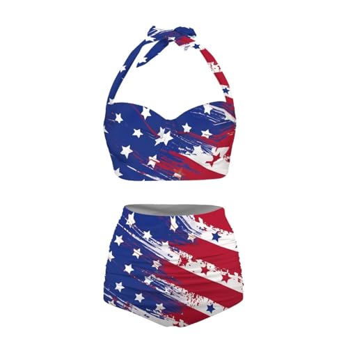 Annejudy USA Flag Pattern Women High Waisted Bikini Set 4th of July Two Piece Sexy Swimsuit Halter Top with Bottom Brazilian Bathing Suit Cheeky Holiday Swimwear for Independence Day