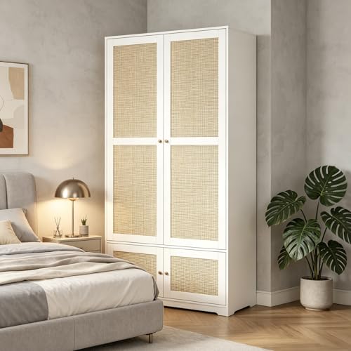 Yihomfy Armoire de Chambre en Rotin,Garde-Robe Penderie Meuble Rangement 4 Portes,3 Étagères,Tringle à VêTements,Dressing Placard Vestiaire Chambre Entrée...