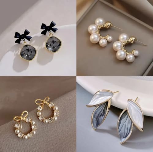Image of Korean Designer Stud Earrings Set of 12 with Folding Jewelry Box| Traditional & modern korean earing set for women& girls