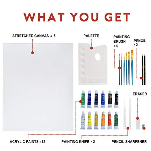 image for PHOENIX 30-Piece Canvas Painting Kit with 5 Pack 16x20 Inch Stretched 