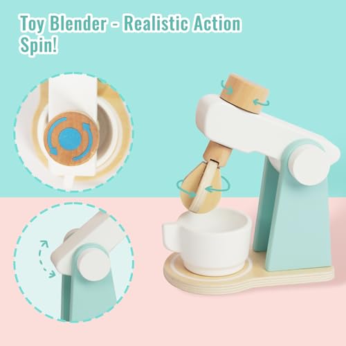 WOODENFUN Kids Wooden Kitchen Toys, 3Pcs Toy Coffee Maker Toaster Mixer Playset , Wooden Play Kitchen Accessories for Girls Boys 3 4 5 Years Old