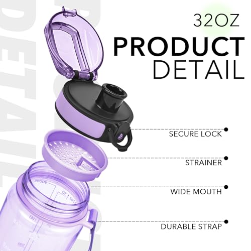 Image of 32oz Transparent Water Bottle with Time Marker, Clear Purple Motivational Drinking Bottle with Strap, BPA-Free Leak-Proof, Encouraging Water Bottle to Drink Water for Gym School Office Travel