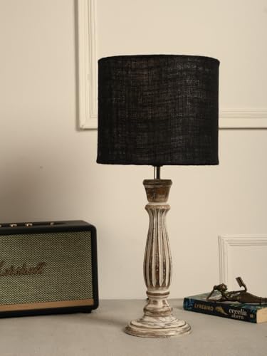 Image of Green Girgit Athens Wooden Lamp in Distress White Color with Jute Black Shade, Vintage Style Table Lamp, Distressed Wood Base, Black Linen Shade, Farmhouse Decor (LED Bulb Included)