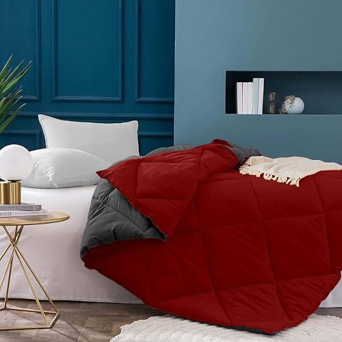 Image of Filbert 600 GSM Comforter for King Size | Super Warm Winter Quilt /Rajai | Thick Microfiber Blanket with Cloud-Soft Fill | Luxury Bedding for Winters - 92x106 Inch | Burgundy /Dark Grey