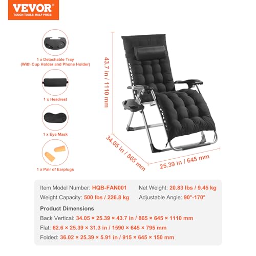 Image of VEVOR Zero Gravity Chair, 26 inch Zero Gravity Recliner Lounge Chair for Indoor and Outdoor, Adjustable Anti Gravity Chair with Cushion, Headrest, Footrest, and Cupholder, 500 lbs, Black