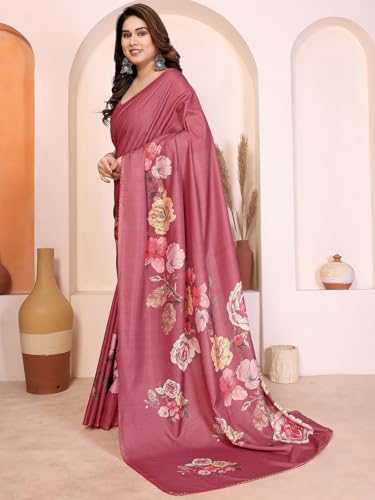 Image of Satrani Women's Tussar Silk Floral Printed Saree with Unstitched Blouse Piece