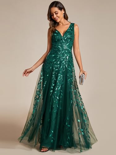 Image of Ever-Pretty Women's Prom Dresses V Neck Sleeveless Tulle Hem A-Line Sequins Maxi Ball Gowns 02130