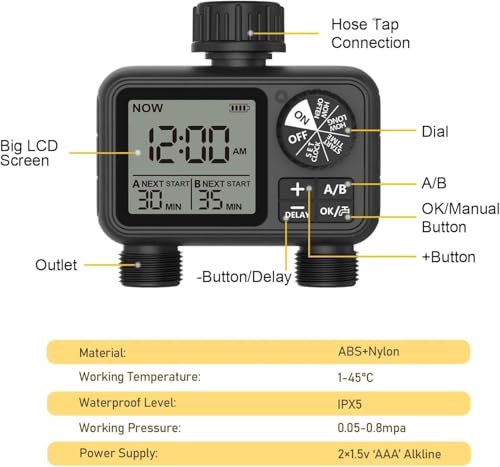 Image of Pinolex 2-Outlet Digital Water Timer A /B-Zone Independent Programmer Separate | Automatic Drip Irrigation System, Garden Irrigation Timer for Drip Pipe | Drip kit Automation for Different Zones