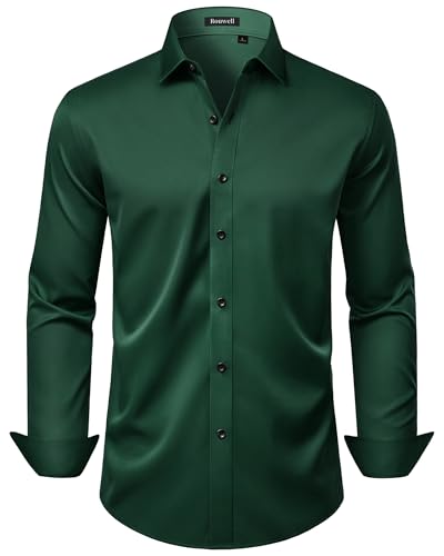 ROUWELL Men’s Dark Green Dress Shirts Long Sleeve Stretch Wrinkle Free Slim Fit Business Casual Wedding Button Down Shirt