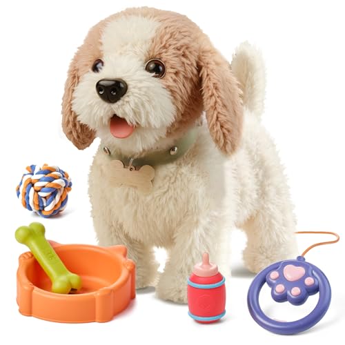 OR OR TU Walking Barking Toy Dog with Remote Control Leash, Plush Puppy Electronic Interactive Toys for Kids, Shake Tail,Pretend Dress Up Realistic Stuffed Animal Dog Age 3 4 5 6+ Years Old Best Gift