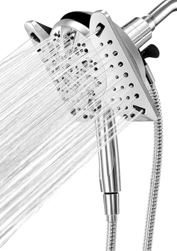 Shower Head with Handheld High Pressure, Rain Shower Head with Fixed Showerhead and 9 Sprays Handheld Shower, Detachable 2-IN-1 Shower head with 59' Rotatable Stainless Steel Hose (Brushed Chrome)