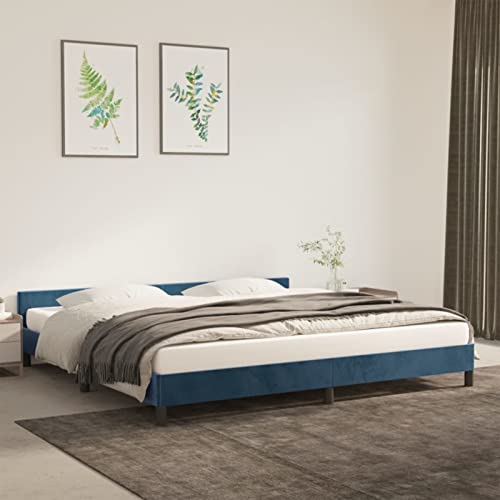 IKAYAA Cama Tapizada 200 x 200 cm con Cabecero, Base Tapizada para Colchón, Somier de Láminas de Madera, Fácil Montaje, Azul