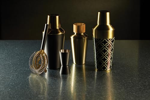 Image of Barcraft Premium Cocktail Making Kit for thinKitchen - 3-Piece Black & Gold Gift Set with 500ml Boston Shaker, Jigger & Strainer - Stainless Steel Barware, 10 x 10 x 19 cm