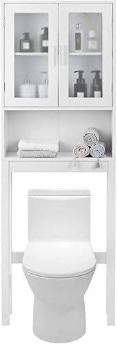 WATERJOY Sobre el inodoro - Mueble organizador de armario de baño con 2 puertas de vidrio templado Moru, estante de inodoro que ahorra espacio,