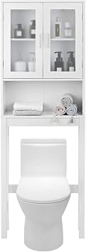 WATERJOY Over The Toilet Storage Cabinet, Bathroom Cabinet Organizer with 2 Moru Tempered Glass Door, Space-Saving Toilet Shelf, White Frosted Glass