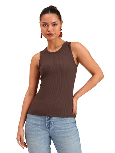 Image of barcino Beige Ribbed Round Neck Tank Top