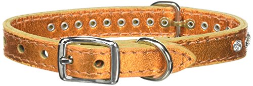 Image of Signature Leather Crystal Dog Collar, Metallic Apricot Solid Grain Leather, Fits 7.5 inch-9.5 inch Neck Size, 12 inch Overall Length