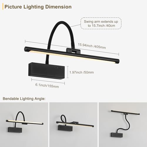 JOOSENLUX Wireless Picture Light - Battery Operated Black Wall Light with Remote Control - Dimmable Timer - 15.94” Display - Flexible Neck Swing Arm - Art Gallery Light - image 5