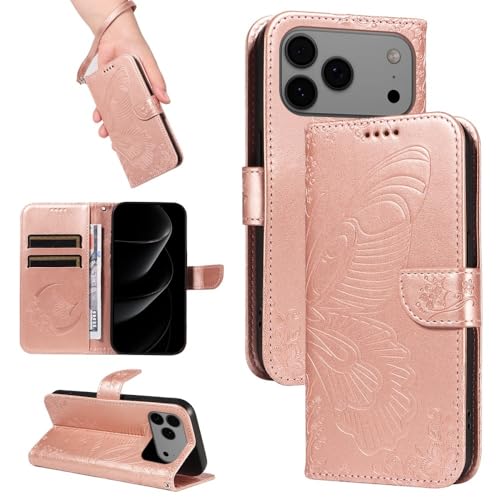 Étui iPhone 16 Pro Max antichoc portefeuille cuir avec support or rose