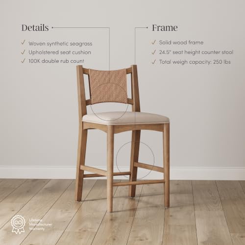 Image of Nathan James Elodia Boho Counter Height Bar Stool with Back, Woven Seagrass Backrest and Solid Wood Frame, Light Brown Set of 4