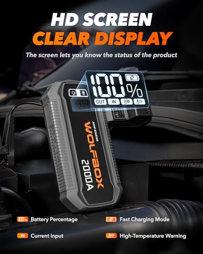 WOLFBOX 2000A Jump Starter, 12000mAh Battery Jumper Starter Portable with LED Display, 12V Car Battery Jump Starter Pack (7L Gas 6L Diesel Engine) with Booster, LED Light, Jumper Cables (NO Adapter) image 9