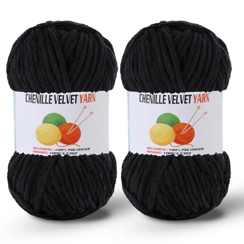 Image of 2 * 100g /3.5oz Fluffy Chenille Yarn for Crocheting, Chunky Velvet Yarn for Crochet Amigurumi, Used for Making Baby Yarns Blanket, Clothes, Pattern Knitting Creations (Black)