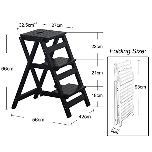 Taburete escalera de madera maciza natural plegable con 3 peldaños color negro 3