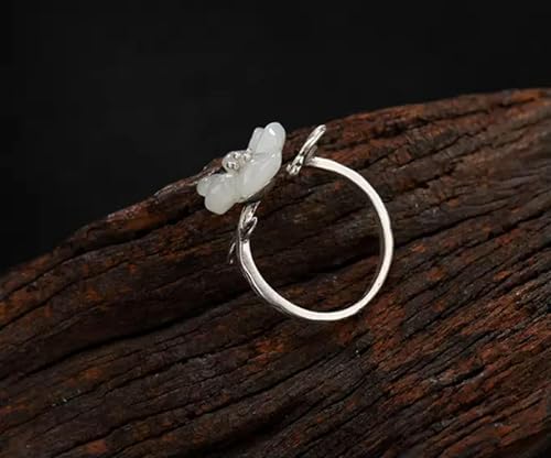 Bague jade blanc Hetian style bohème chic argent fleur de prunier réglable - 5