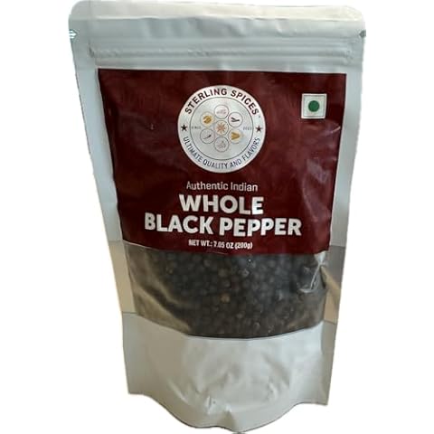 Black Pepper (Peppercorns) Whole (7.05 oz/200g) | Sterling Spices | Authentic Indian Aromatic Spices | Non GMO | Re-sealable Ziplock Stand Up Paper Pouch Bags Cover