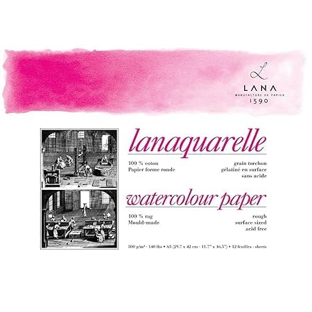 Lana Artists' Watercolour - Lanaquarelle - A4 (21 cm x 29.7 cm) Natural White Rough Grain 300 GSM Paper, PolyPack of 6 Sheets