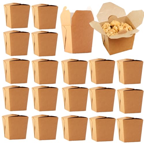 NROZIET 100 Pack 8oz Chinese Take Out Boxes, Small Kraft Paperboard To Go Food Containers, Leakproof Greaseproof Stackable Mini Food Pails for Restaurants Event Parties, Microwaveable